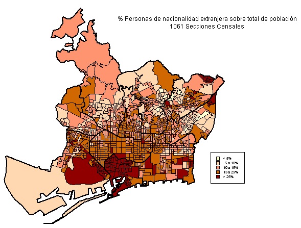 Mapa extranjeros en los barrios de Barcelona